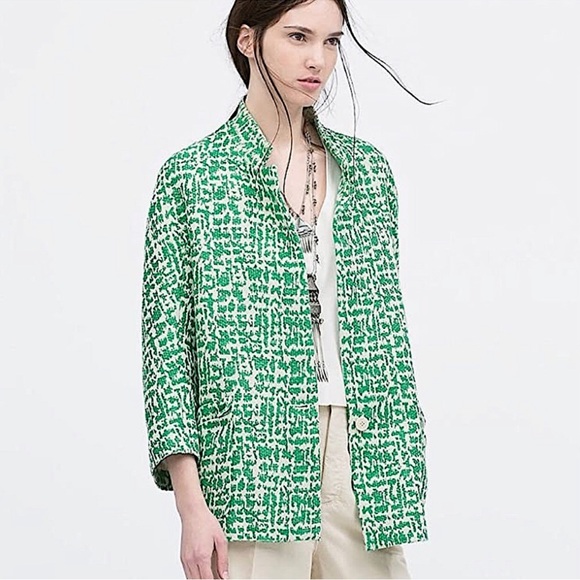 Zara Jackets & Blazers - ZARA Green Jacquard tweed Jacket with Patch Pockets SZ M